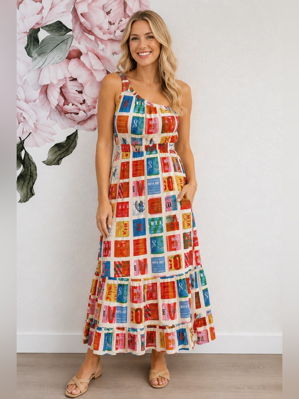 Alden Adair Addison Voyage One Shoulder Tiered Maxi Dress NWT Medium